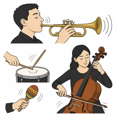 Examples of brass, percussion, and string playing actions.