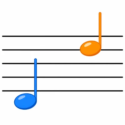 Two notes on a staff, one low and one higher.