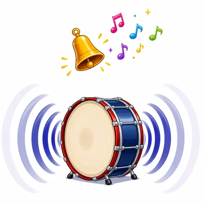 A tiny bell makes a high sound and a large bass drum makes a low sound.