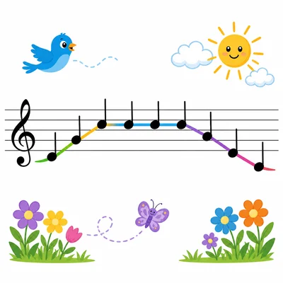 A melody rises, stays level, and then goes down.