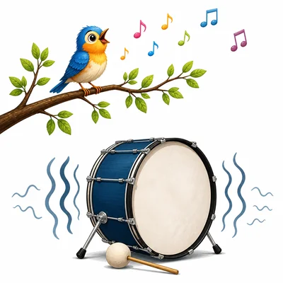 A bird chirps high while a large drum makes a low boom.