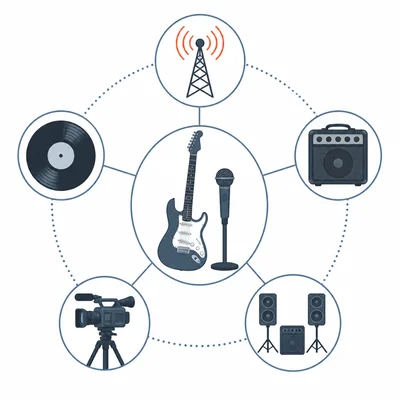 Diagram of electric instruments, recording, radio, amplification, and broadcast technology connected in a network.
