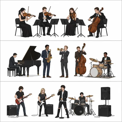 Three ensemble setups: a string quartet, a jazz combo, and a rock band with amplified instruments.