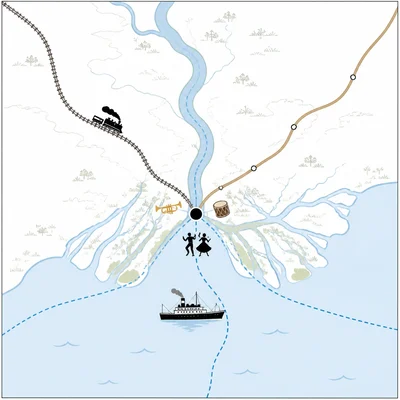 Simplified map of a river delta port where trade routes and musical cultures converge.