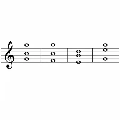 Treble staff showing four chord stacks for a C major chord progression.