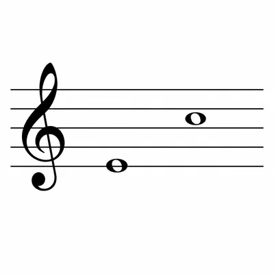 Treble staff showing an ascending interval from E to C.