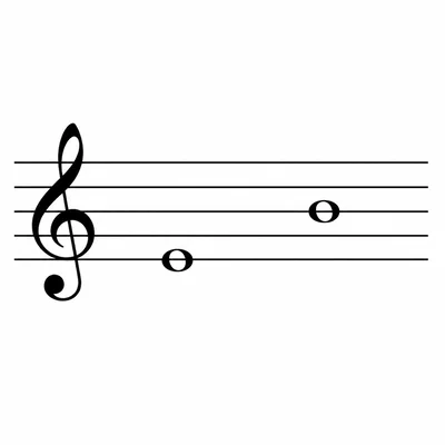 Treble staff showing an ascending interval from F to B.
