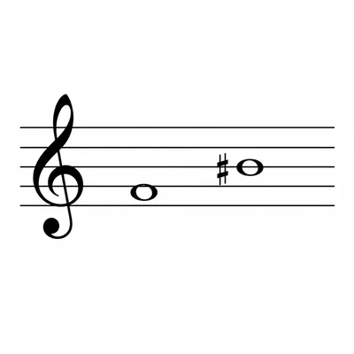 Treble staff showing an ascending interval from A to C sharp.