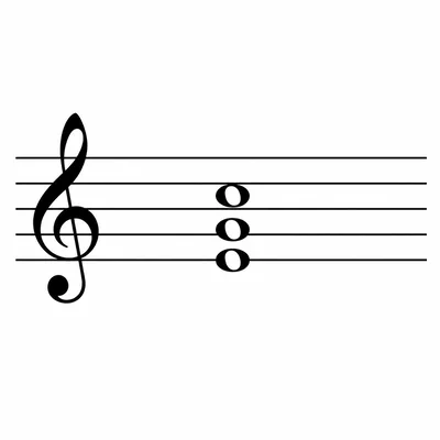 Treble staff showing an E, G, and C triad with E as the lowest note.