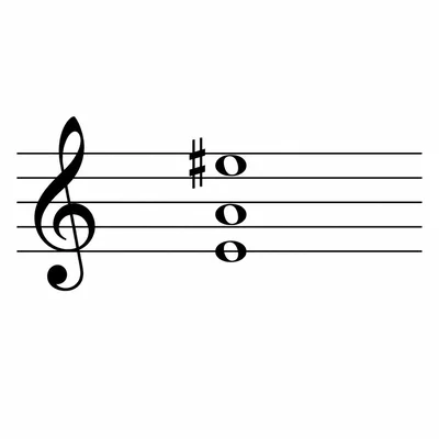 Treble staff showing an A, D, and F sharp triad with A as the lowest note.