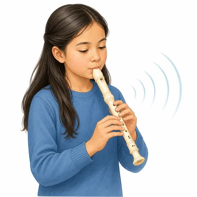 Musician playing softly with small sound waves.