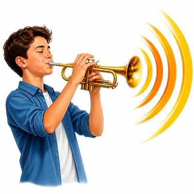Musician playing loudly with large sound waves.