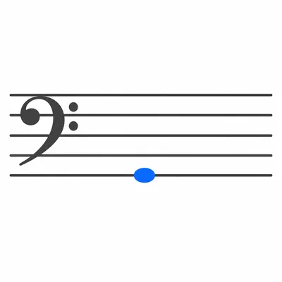 Bass clef staff with one note on the bottom line.