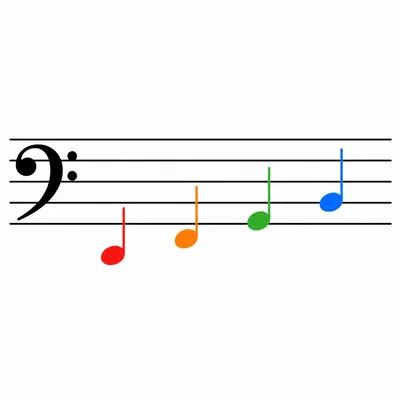 Bass clef staff with four notes: bottom line, bottom space, second line, second space.