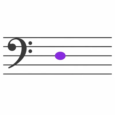 Bass clef staff with one note on the middle line.