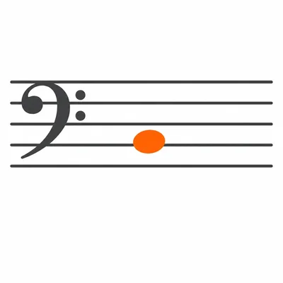 Bass clef staff with one note in the second space from the bottom.