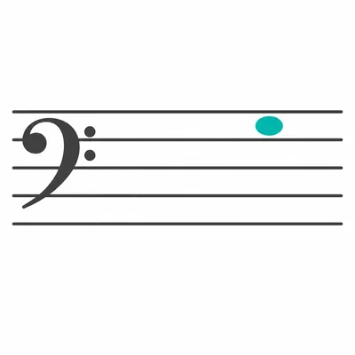 Bass clef staff with one note in the top space.