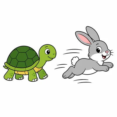 A turtle walking and a rabbit hopping.