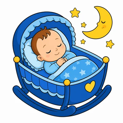A sleeping baby in a cradle.