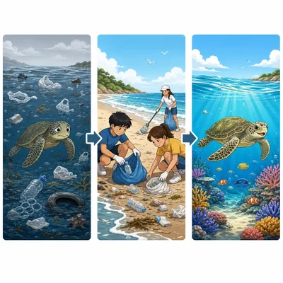 A three-part ocean storyboard showing pollution, cleanup action, and a healthy ocean.