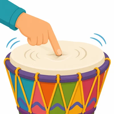 A hand taps a drumhead, making it vibrate.