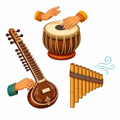 A drum, sitar, and pan flute showing different shapes and ways to play.