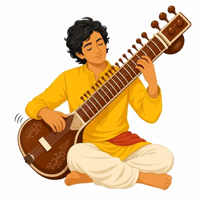 A musician plucks the strings of a sitar.