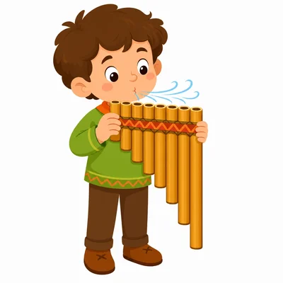 A child blows across pan flute tubes of different lengths.
