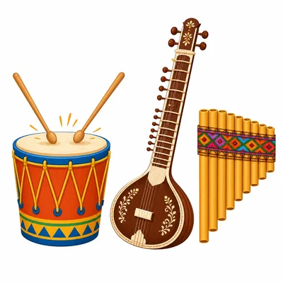 A drum being struck, a sitar, and a pan flute.