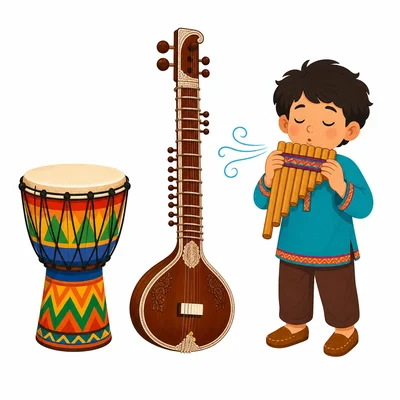 A drum, a sitar, and a pan flute being blown.