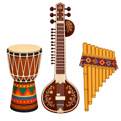 A drum, a stringed sitar, and a pan flute.
