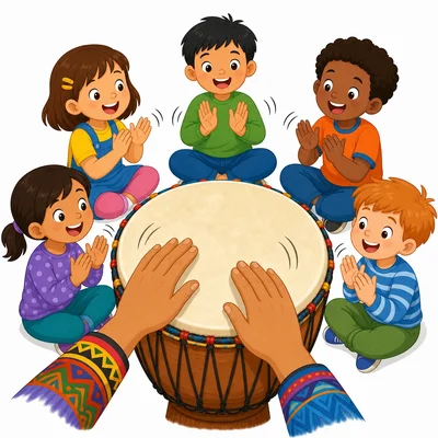 Children clap together while a drum keeps the beat.