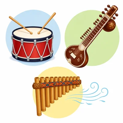 A drum, a sitar, and a pan flute shown as different instrument types.