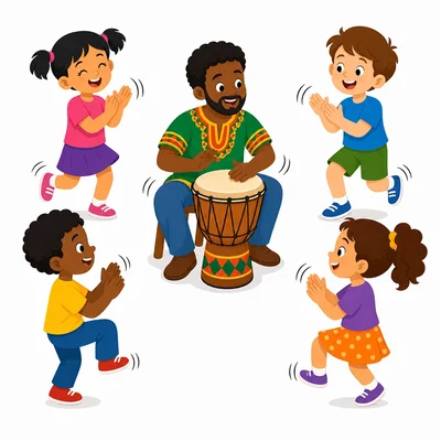 A drummer and children clap and move to a steady rhythm.