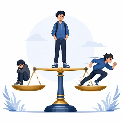 A balanced scale with timid behavior on one side, reckless behavior on the other, and balanced courage in the center.