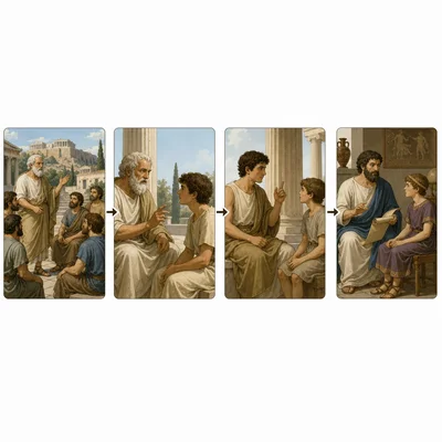 A four-scene timeline showing ideas passed from Socrates to Plato to Aristotle to a young ruler.