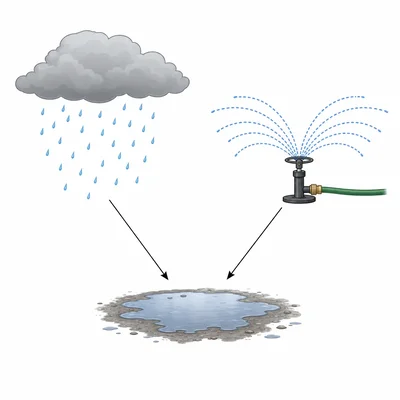 Rain and a sprinkler both point to wet ground, showing that wet ground does not prove it rained.