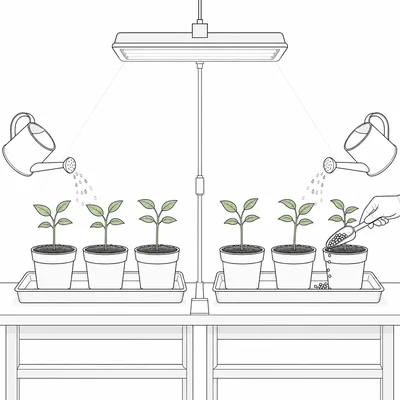 Two identical plant groups receive the same light, water, and soil, with fertilizer added to only one group.