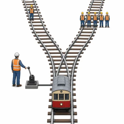 A trolley approaches a track switch with five workers on one branch and one worker on the other.