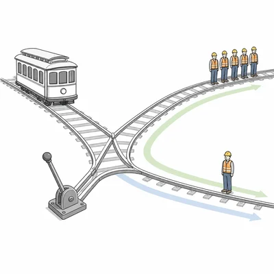 A trolley track fork shows two possible paths, one toward several workers and one toward a single worker.