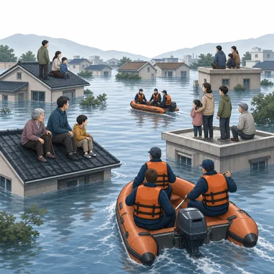 Rescue boats approach people waiting on rooftops in a flooded town.