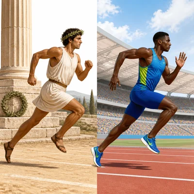 Ancient Greek runner beside modern stadium runner, showing differences between ancient and modern Olympics.