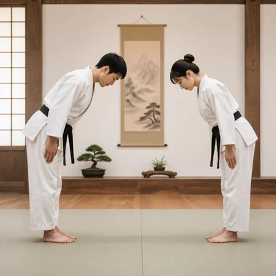Martial arts athletes bowing in a traditional training space.
