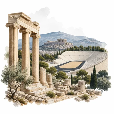 Ancient Greek ruins and a modern stadium together, representing Athens and the Olympic revival.