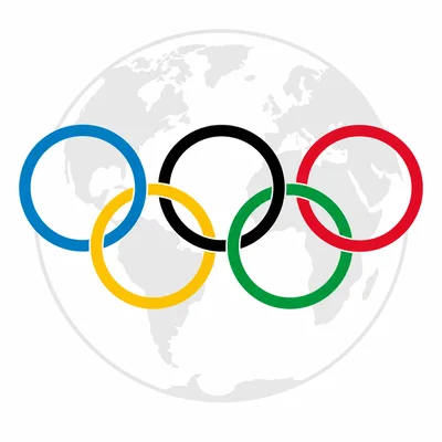 Five interlocking colored rings over a globe silhouette symbolizing continents united through sport.