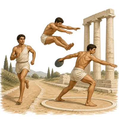 Ancient athletes running, jumping, and throwing a discus.