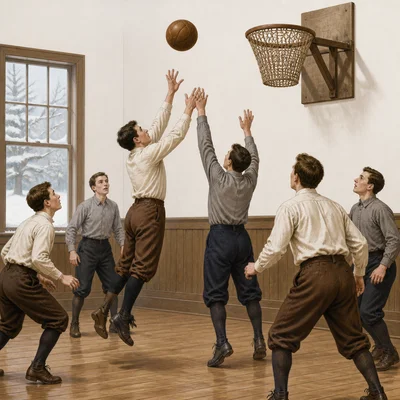 Students playing early indoor basketball with a peach basket while snow is outside.