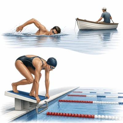 People swimming for travel, safety, and competition.