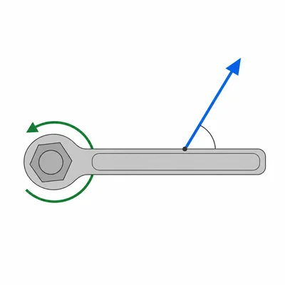 A wrench on a bolt with an angled force arrow producing torque.