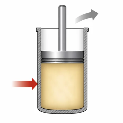 A gas in a piston cylinder absorbs heat while pushing the piston outward.